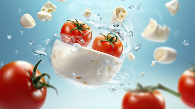 Le fromage mozzarella en chute avec des tomates en arrière-plan Ingrédients de la salade Caprese Art de l'intelligence artificielle génératif