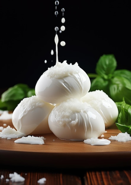 Fromage mozzarella frais sur la table en bois avec des gouttes d'eau Generative Ai