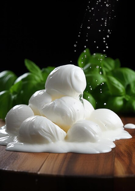 Fromage mozzarella frais sur la table en bois avec des gouttes d'eau Generative Ai