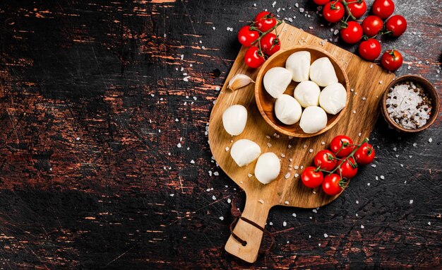 Fromage mozzarella sur une planche à découper avec des épices et des tomates