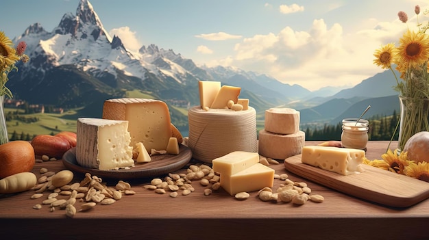 fromage, noix, produits laitiers et fond de montagne