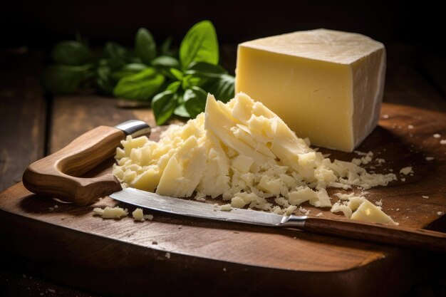 fromage parmesan avec couteau sur planche de bois