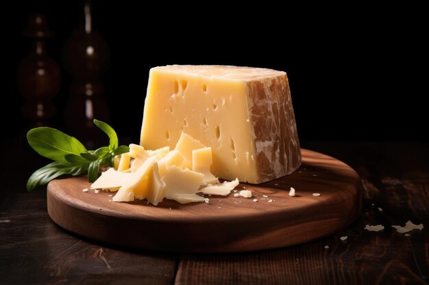 Le fromage parmesan en gros plan sur une planche de bois