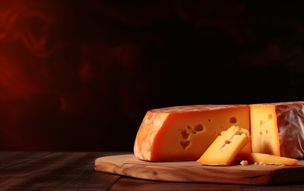 Un fromage sur une planche de bois avec un fond sombre.