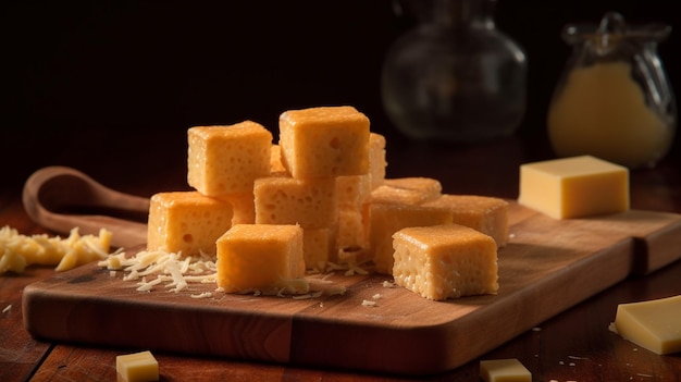 fromage sur une planche à découper avec une bouteille de vin derrière