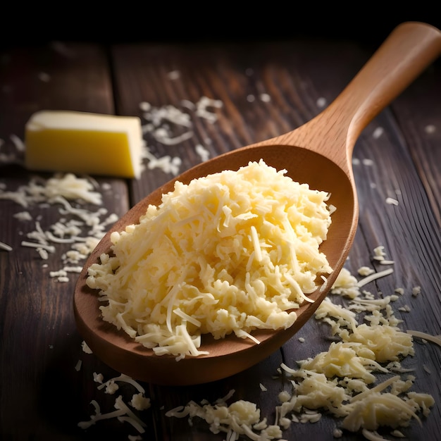 fromage râpé sur une cuillère en bois haute résolution