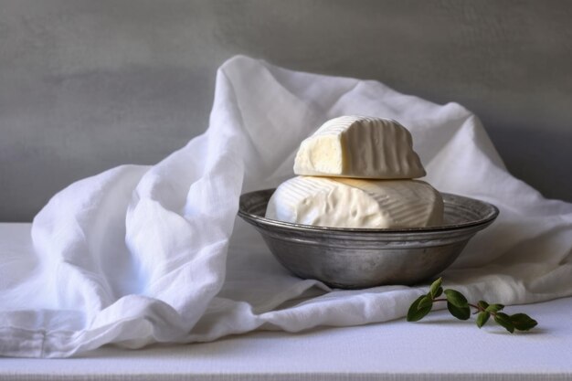 fromage ricotta dans un tissu de fromage sur surface de marbre créé avec ai génératif