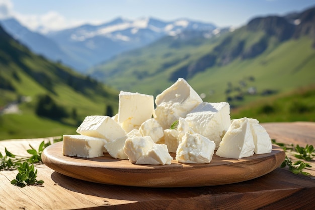 Le fromage sur une table en bois sur le fond des montagnes