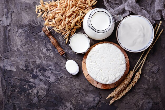 Photo fromage tzfat, grains de lait et de blé. symboles de la fête judaïque de chavouot. mise au point sélective