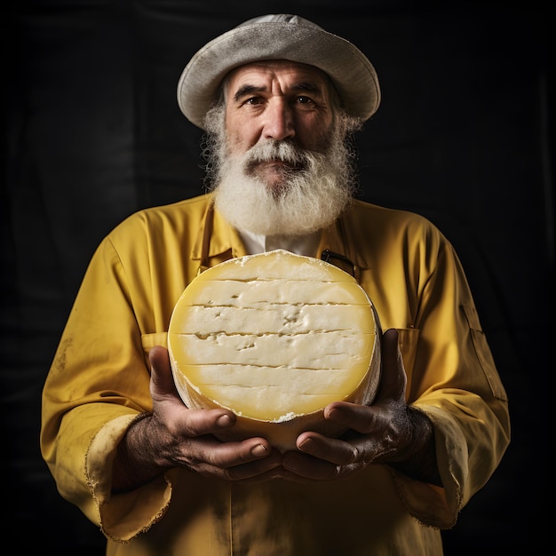 Un fromager tient un fromage dans ses mains AI générative