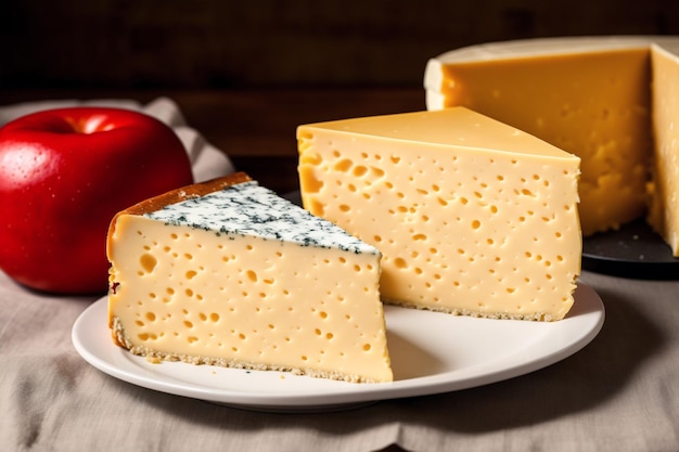 Photo fromages sur une assiette avec une pomme rouge en arrière-plan