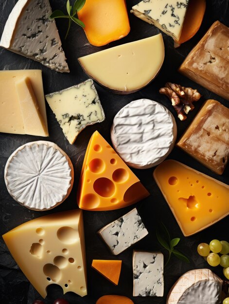 fromages sur fond noir de différentes formes et tailles.