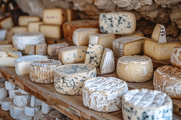 Des fromages de gourmet exposés sur des étagères en bois