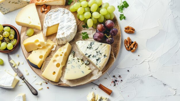 Des fromages gourmets assortis avec des fruits et des noix sur une table en marbre