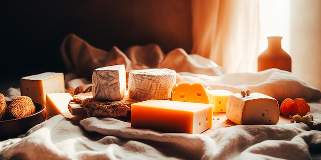 Fromages sur un lit avec une fenêtre derrière eux