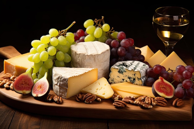 Des fromages et des raisins variés sur la table