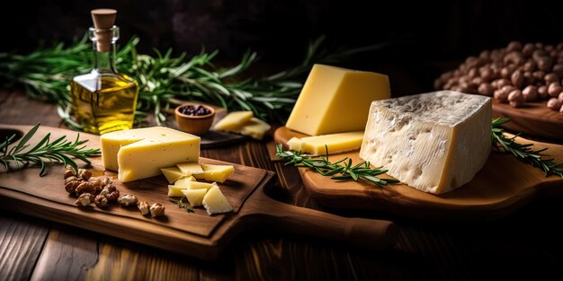 des fromages sur une table en bois avec du fromage et du fromage