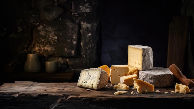 fromages sur une table avec une bougie en arrière-plan