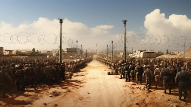 Frontière de deux pays avec des barbelés et des militaires