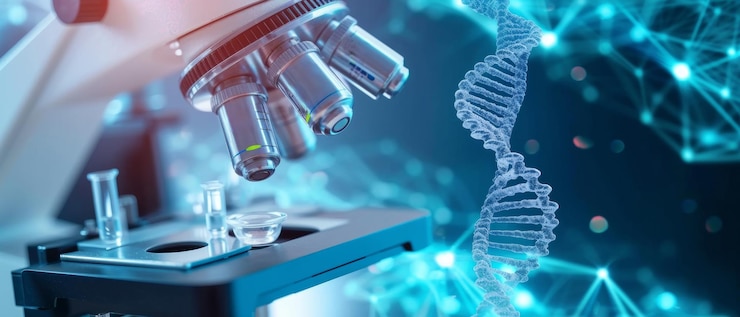 Photo la frontière de la recherche génétique un microscope se concentre sur la merveille de l'adn le plan de la vie