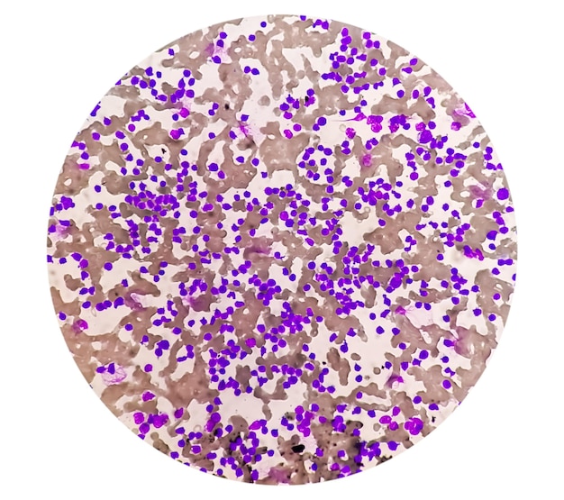 Frottis sanguin sous microscopie montrant une leucémie lymphoblastique chronique (LLC)