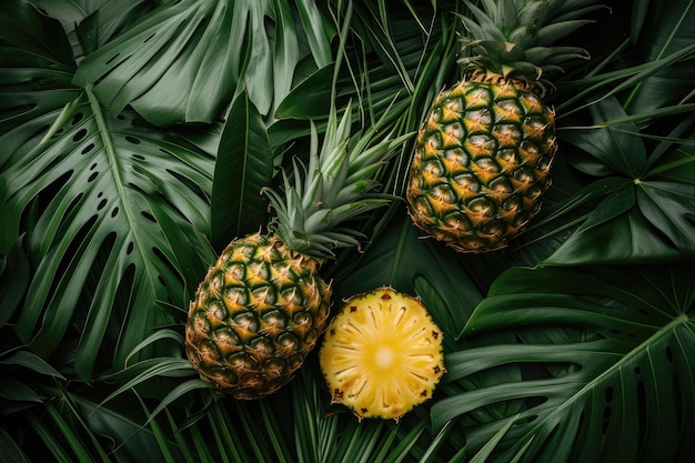 Photo fruit d'ananas sur fond de feuilles tropicales