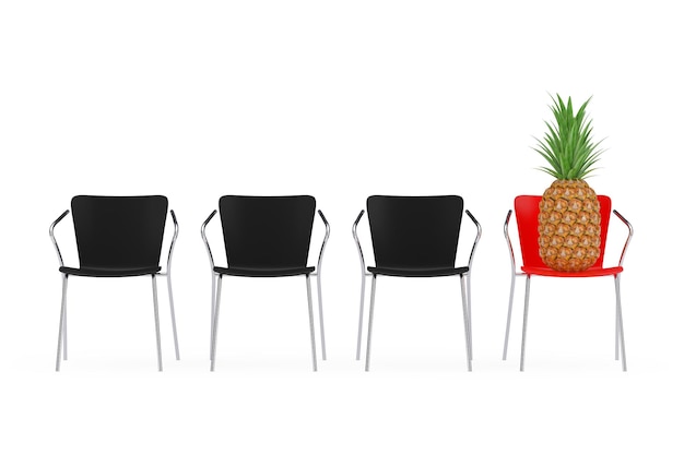 Fruit d'ananas frais et mûr tropical sain sur une chaise rouge dans une rangée de chaises de bureau sur fond blanc rendu 3d