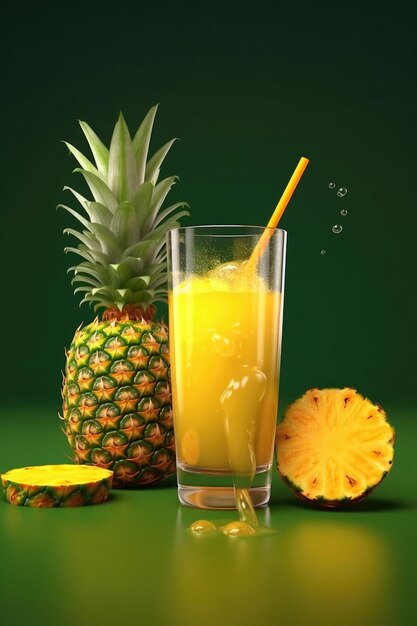 Fruit d'ananas et verre de jus sur le fond en bois brun