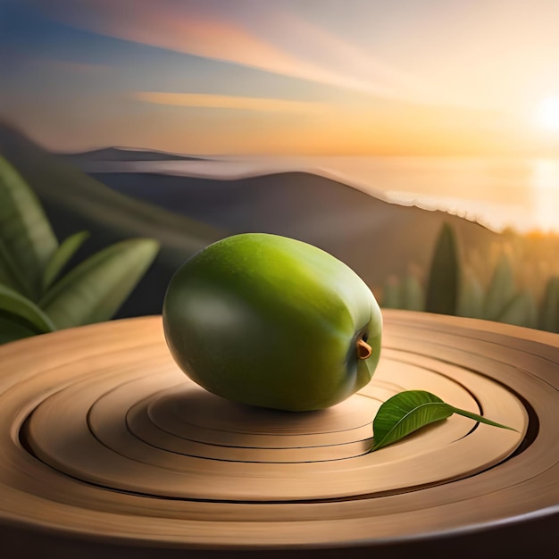 Un fruit sur un bâton avec un coucher de soleil en arrière-plan