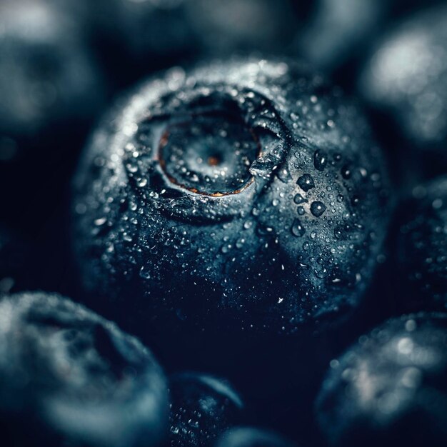 Fruit de bleuet frais mouillé avec des gouttes d'eau de près