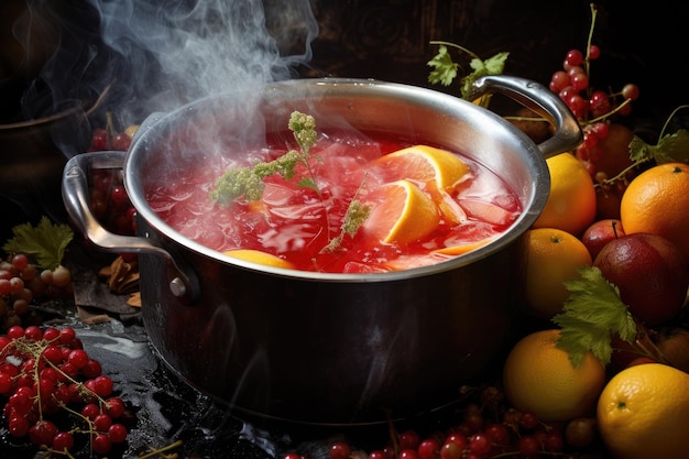 Photo fruit bouillant dans une casserole avec du sucre et de la pectine