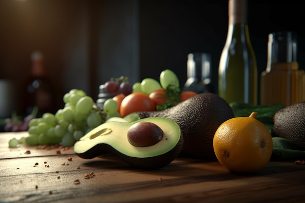 Un fruit et une bouteille de vin sont sur une table.