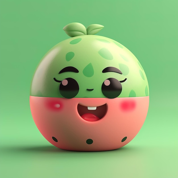 Un fruit de dessin animé avec un visage rose et un fond vert.