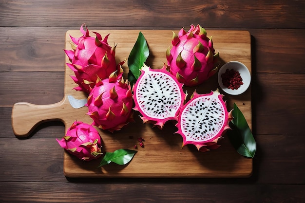 Fruit de dragon avec planche à couper à plat sur une table en bois