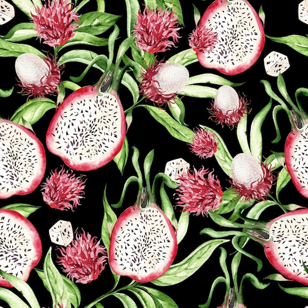 Fruit du dragon et feuilles tropicales de ramboutan modèles sans couture sur illustration aquarelle fond noir