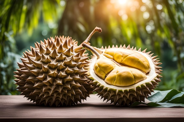 fruit de durian coupé sur une table dans le jardin