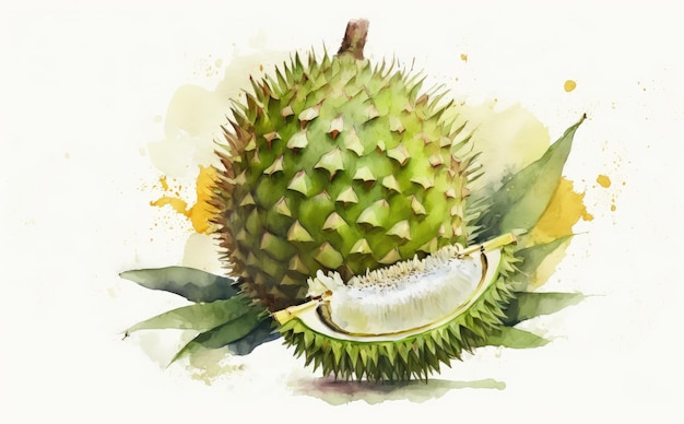 un fruit durian dessiné sur fond blanc aquarelle fruits illustrations d'aliments sains générés par ai