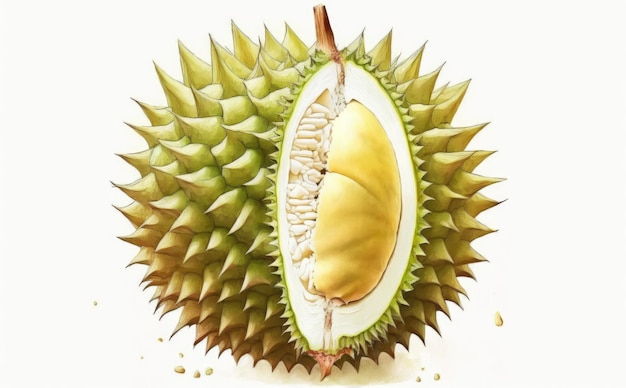 un fruit durian dessiné sur fond blanc aquarelle fruits illustrations d'aliments sains générés par ai