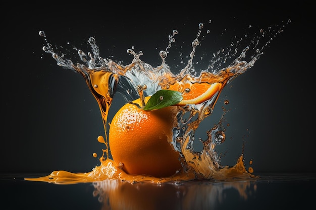 Un fruit éclaboussant dans une éclaboussure de liquide avec une feuille dessus.