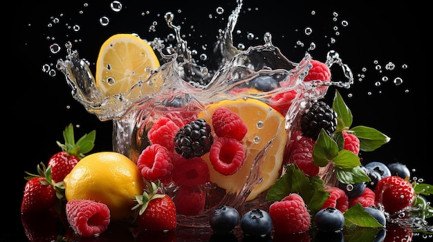 Un fruit éclaboussant dans un verre rempli d'eau