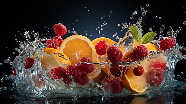 Un fruit éclaboussant dans un verre rempli d'eau