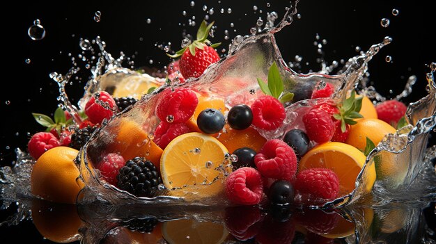 Un fruit éclaboussant dans un verre rempli d'eau