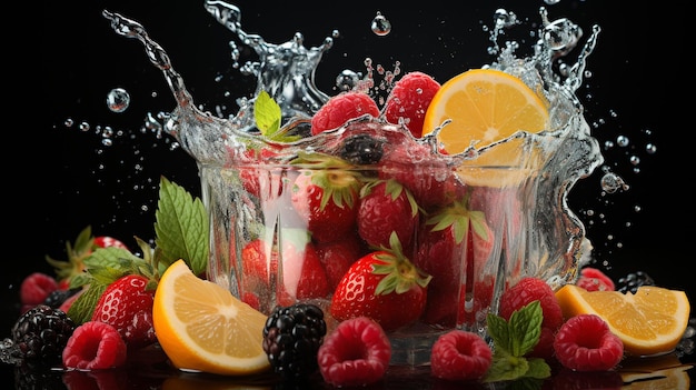 Un fruit éclaboussant dans un verre rempli d'eau