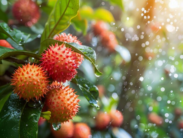 Photo fruit de gac mûr momordica cochinchinensis sur la vigne avec des gouttes d'eau fraîches à la lumière du soleil exotique