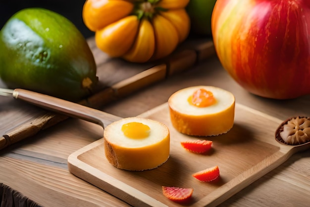 un fruit gourmand est présenté sur une planche à découper en bois.