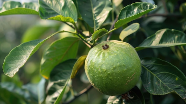 Fruit de goyave verte sur un arbre avec des gouttes de pluie