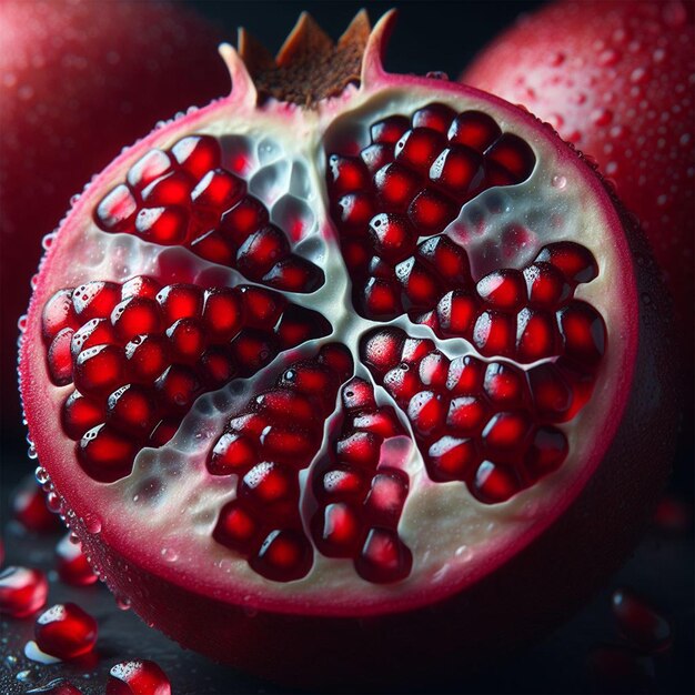 Photo fruit de grenade avec des gouttes d'eau sur un fond noir