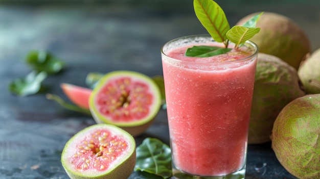 Fruit de guave et smoothie de guave dans un verre avec une tranche de citron sur une feuille verte naturelle et un fond en bois