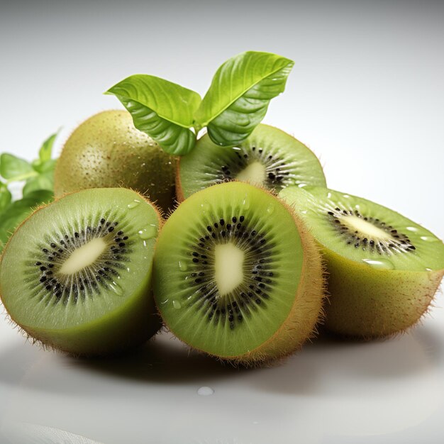 Fruit de kiwi avec des feuilles sur un fond blanc