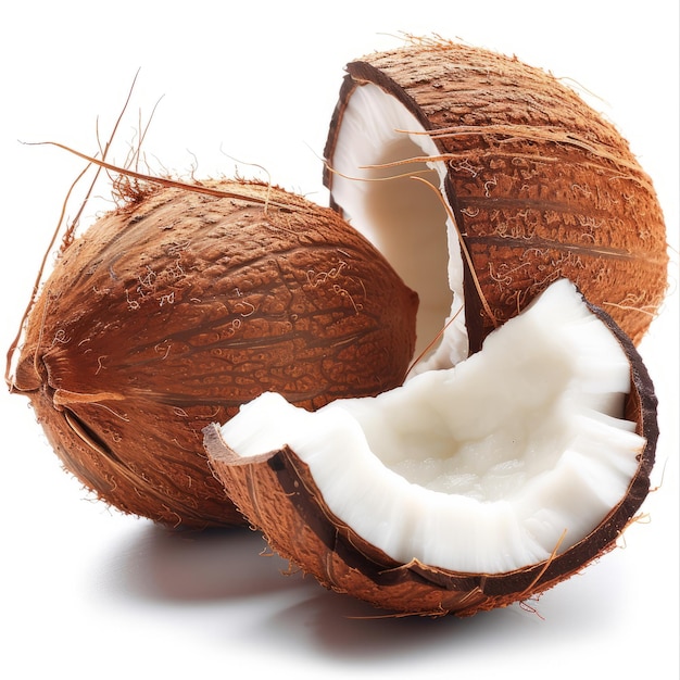 Fruit de noix de coco coupé en deux isolé sur fond blanc
